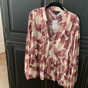 Banana Republic Burgundy and Cream Leaf Print Blouse